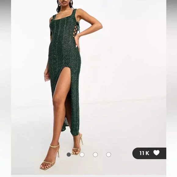 ASOS DESIGN embellished herringbone dress with cut out side detail - Size 0